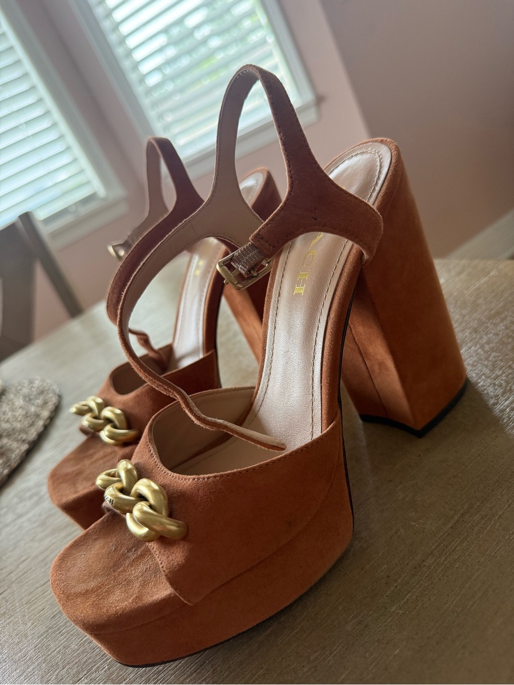Coach Rust Suede Chain-Embellished Block Heel Sandals - Picture 2 of 10